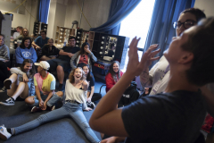 Broadway Camp students laugh during a makeup workshop in the dressing rooms at Proctors Monday, July 22, 2019.