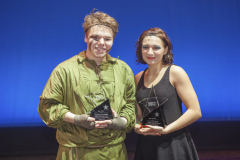Students from 30 schools Capital Region schools participate in the 3rd Annual High School Musical Theatre Awards on the MainStage at Proctors Saturday, May 11, 2019. Here, winners for best actress and best actor,  Signe Naranjo from South Glens Falls and Michael Johnson from Hudson Falls, pose with their awards.