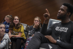 Chaundre Hall-Broomfield, who plays Hercules Mulligan and James Madison in the touring production of Hamilton, works with students in an acting masterclass in a weeklong Hamilton Intensive camp in The Addy dance studio at Proctors Tuesday, August 20, 2019. 
Photo by Kate Penn - Proctors