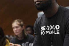 Chaundre Hall-Broomfield, who plays Hercules Mulligan and James Madison in the touring production of Hamilton, works with students in an acting masterclass in a weeklong Hamilton Intensive camp in The Addy dance studio at Proctors Tuesday, August 20, 2019. 
Photo by Kate Penn - Proctors