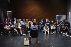 Chaundre Hall-Broomfield, who plays Hercules Mulligan and James Madison in the touring production of Hamilton, works with students in an acting masterclass in a weeklong Hamilton Intensive camp in The Addy dance studio at Proctors Tuesday, August 20, 2019. 
Photo by Kate Penn - Proctors
