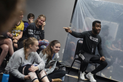 Chaundre Hall-Broomfield, who plays Hercules Mulligan and James Madison in the touring production of Hamilton, works with students in an acting masterclass in a weeklong Hamilton Intensive camp in The Addy dance studio at Proctors Tuesday, August 20, 2019. 
Photo by Kate Penn - Proctors
