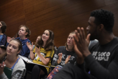 Chaundre Hall-Broomfield, who plays Hercules Mulligan and James Madison in the touring production of Hamilton, works with students in an acting masterclass in a weeklong Hamilton Intensive camp in The Addy dance studio at Proctors Tuesday, August 20, 2019. 
Photo by Kate Penn - Proctors