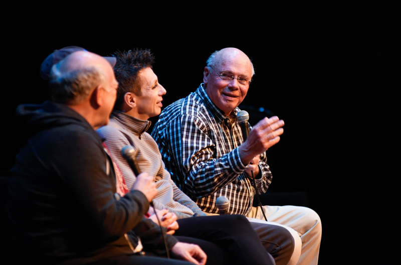Jack Aernecke, right, interviews Cabaret cast members from left Scott Robertson as Herr Schultz, Alison Ewing as Fraülein Kost and Jon Peterson as Emcee during TheatreTalk in GE Theatre at Proctors in Schenectady Thursday, May 11, 2017. The Henry Schaffer TheatreTalk series offers pre- or post-performance arts discussions are an opprotunity for audience members to engage with artists in a more intimate setting.
