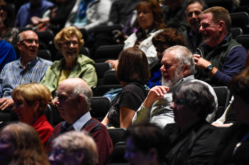 Audience members engage with members of the cast of Cabaret during TheatreTalk, a conversation with artists, in GE Theatre at Proctors Thursday, May 11, 2017.